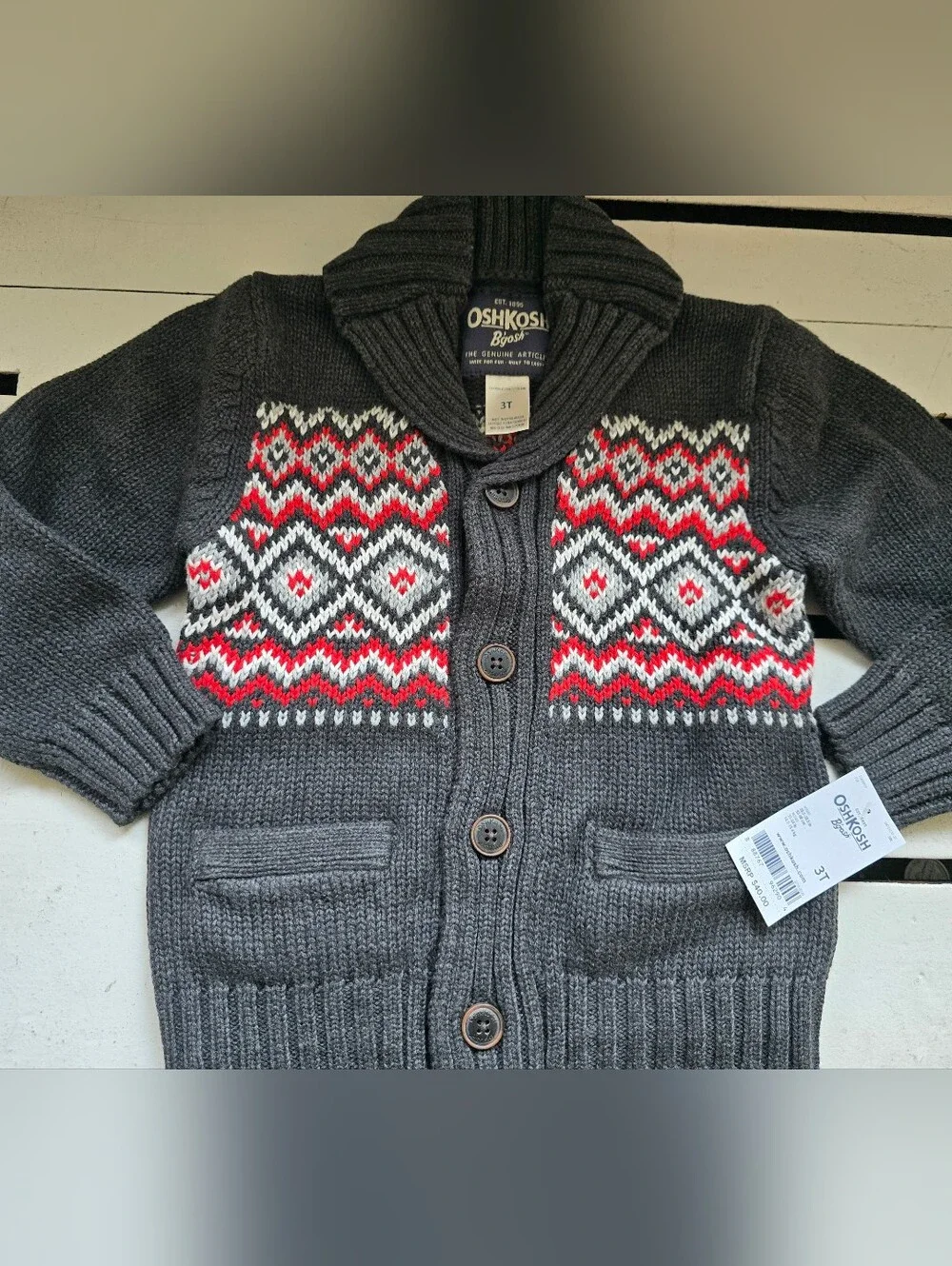 OshKosh B'gosh Gray Knit Cardigan with Red and White Fair Isle